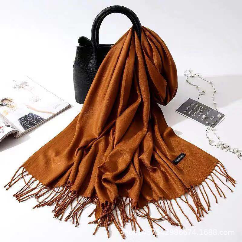 Imitation Cashmere Scarf for Women, Solid Color Fringed Warm Dual-use Shawl