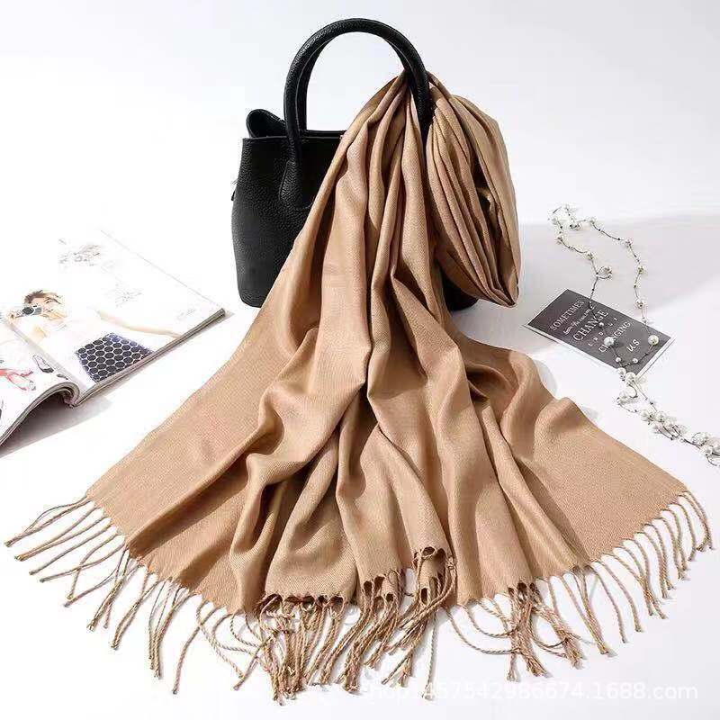 Imitation Cashmere Scarf for Women, Solid Color Fringed Warm Dual-use Shawl