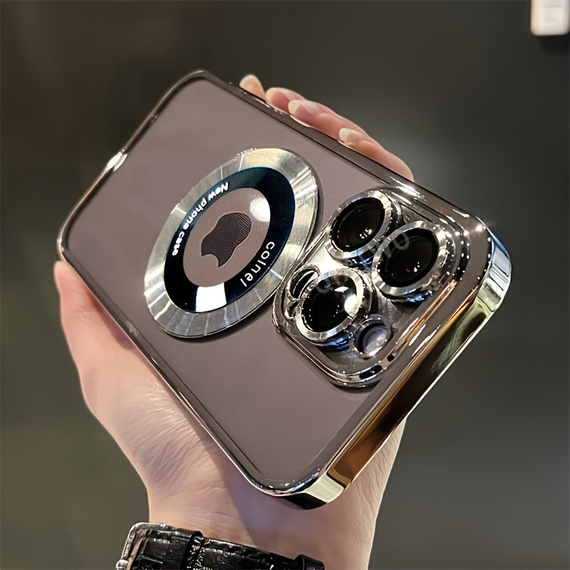 [Luxury Phone Case] Wireless Luxury Phone Case | Transparent Magnetic Electroplated Hollow Logo TPU Shockproof with Lens Film for Iphone 11/12/13/14/15/16 Pro Max Plus Soft Cover