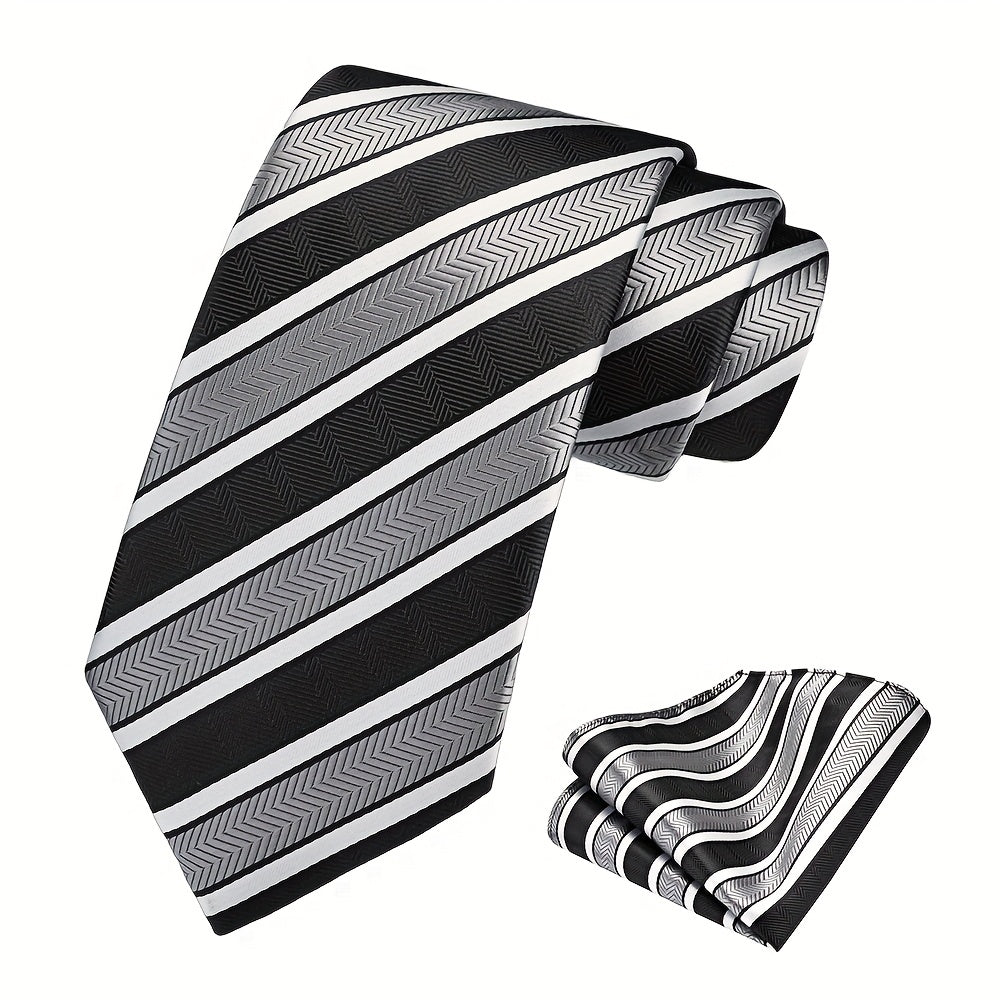 Ricnais Set of 2 Men's 8cm Striped Tie and Square Scarf High Quality Classic Fashion Wedding Party Business Tie Set Men's Wedding Accessories Home Gift Christmas Gift Party Gift