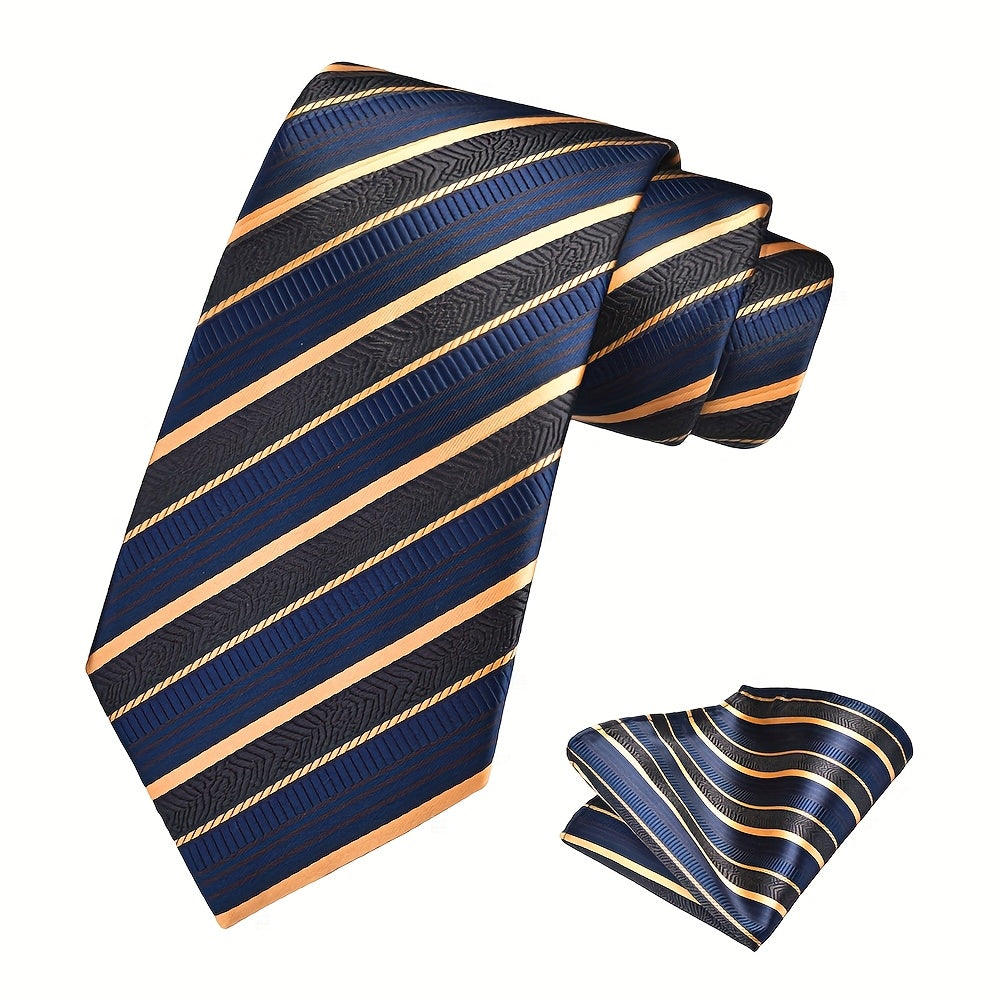 Ricnais Set of 2 Men's 8cm Striped Tie and Square Scarf High Quality Classic Fashion Wedding Party Business Tie Set Men's Wedding Accessories Home Gift Christmas Gift Party Gift