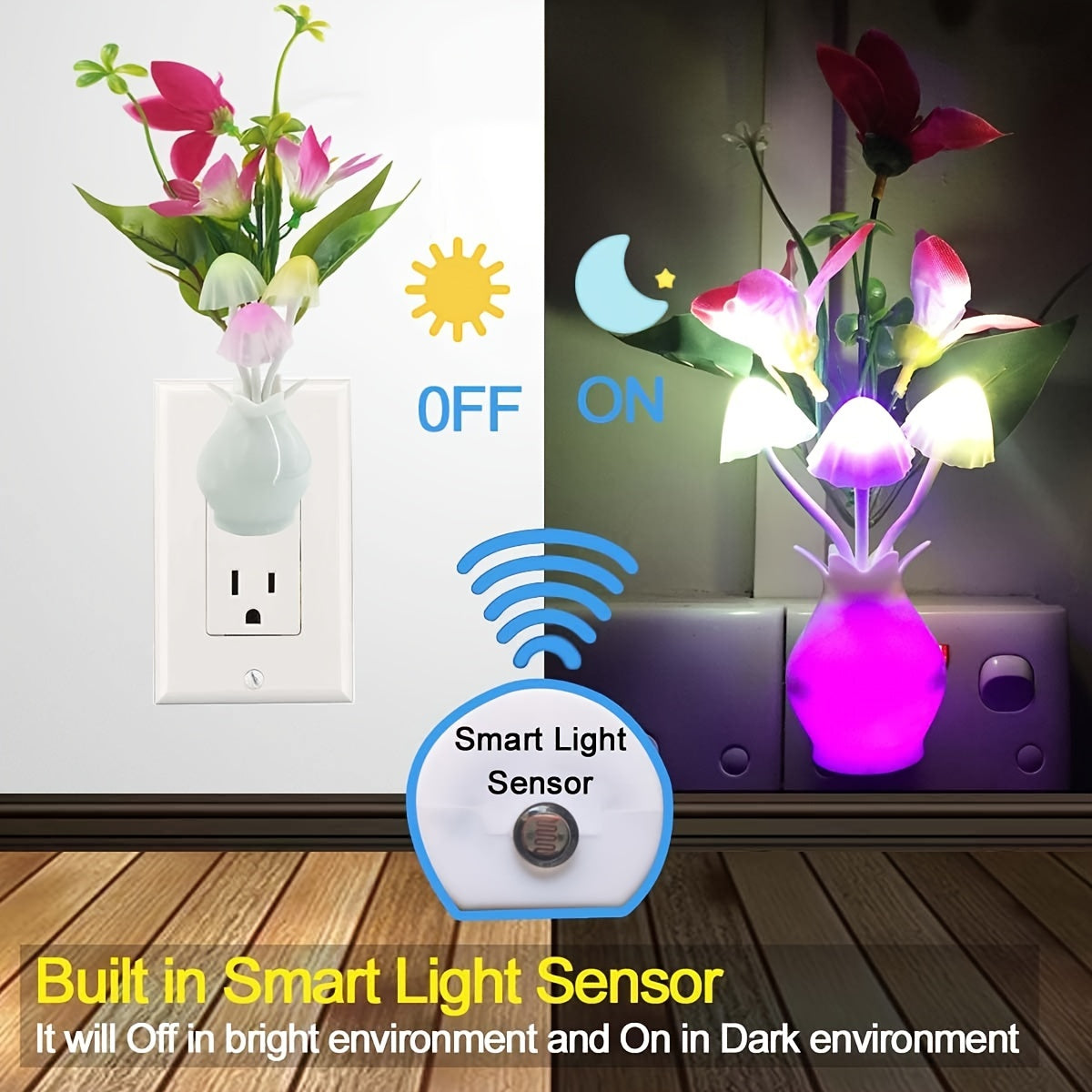 Plug-in Night Light with Auto Light Sensor, LED Mushroom Night Light Wall Based Flower Lamp Night Light for Bedroom, Lounge, Hallway and Stairs, Hallway Illumination, Bedroom Lighting, Aesthetic Lighting, Decorative Lamp, Ene