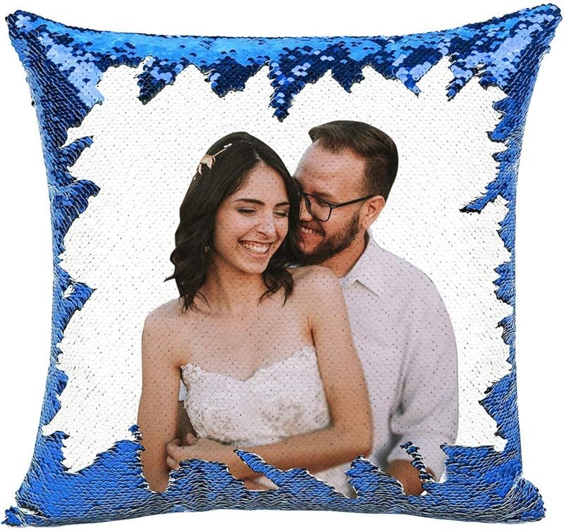 1pc Romantic Couple Photo Pillow Cover - Magical Reversible Home Decor Gift, 18.0inch x 18.0inch Anniversary Decoration Pillowcase, Peach Fleece Material with Simulated Sequin Design (No Sequins, Glitter Effect is Design)
