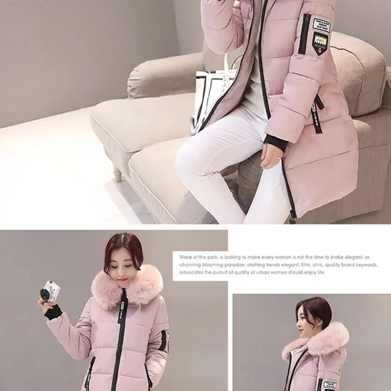 Parka à capuche avec col en fourrure pour femme, chaude, à la mode, confortable, poches zippées, longue veste élégante, Slim et épaisse, manteaux féminins, hiver