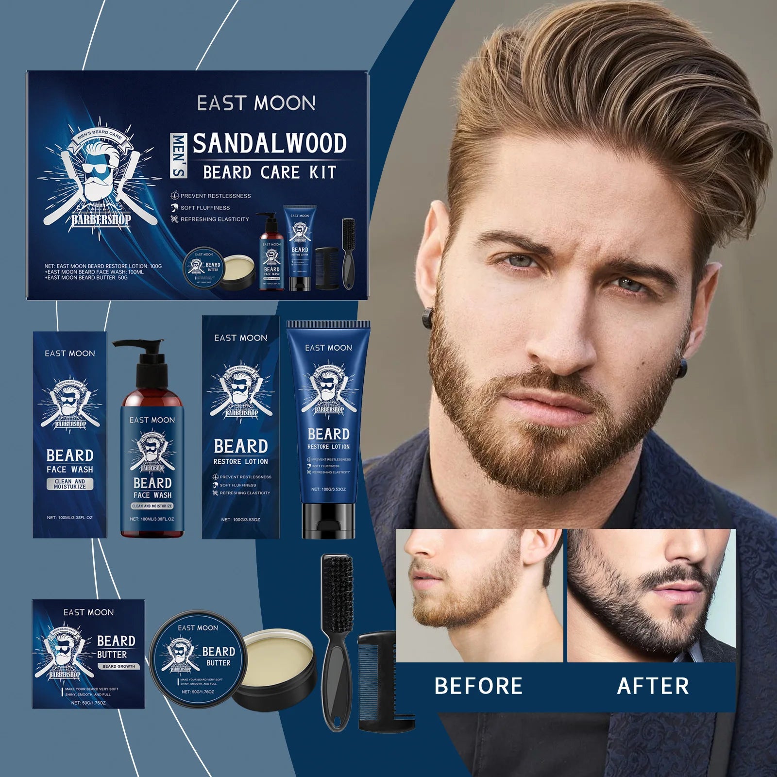 East Moon – Kit de soins pour barbe pour hommes, 1 ensemble, parfum en bois de santal, croissance de moustache, nettoyage hydratant, améliore le style de barbe moelleuse