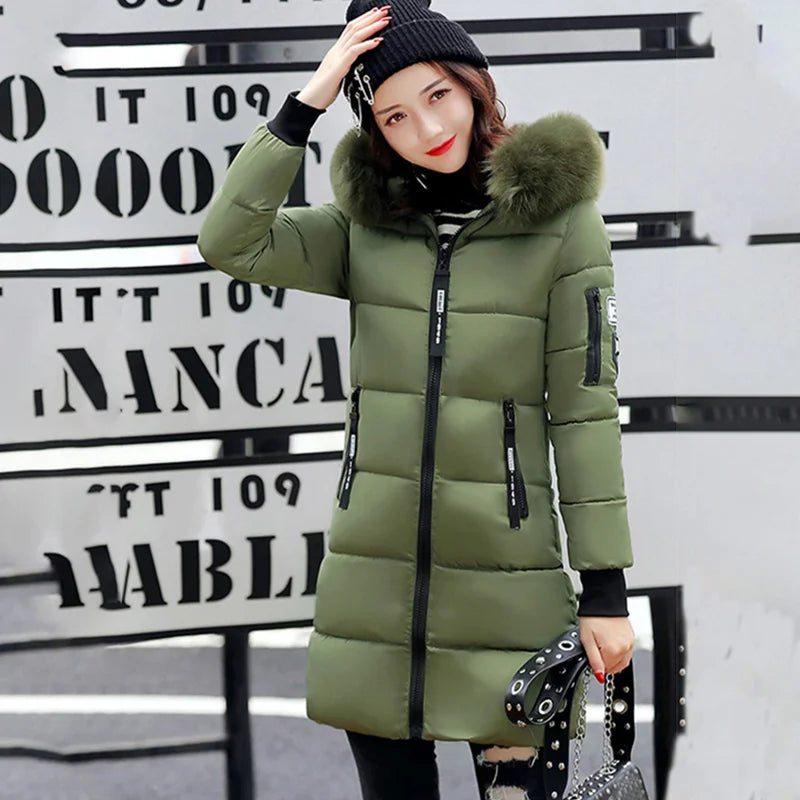 Parka à capuche avec col en fourrure pour femme, chaude, à la mode, confortable, poches zippées, longue veste élégante, Slim et épaisse, manteaux féminins, hiver