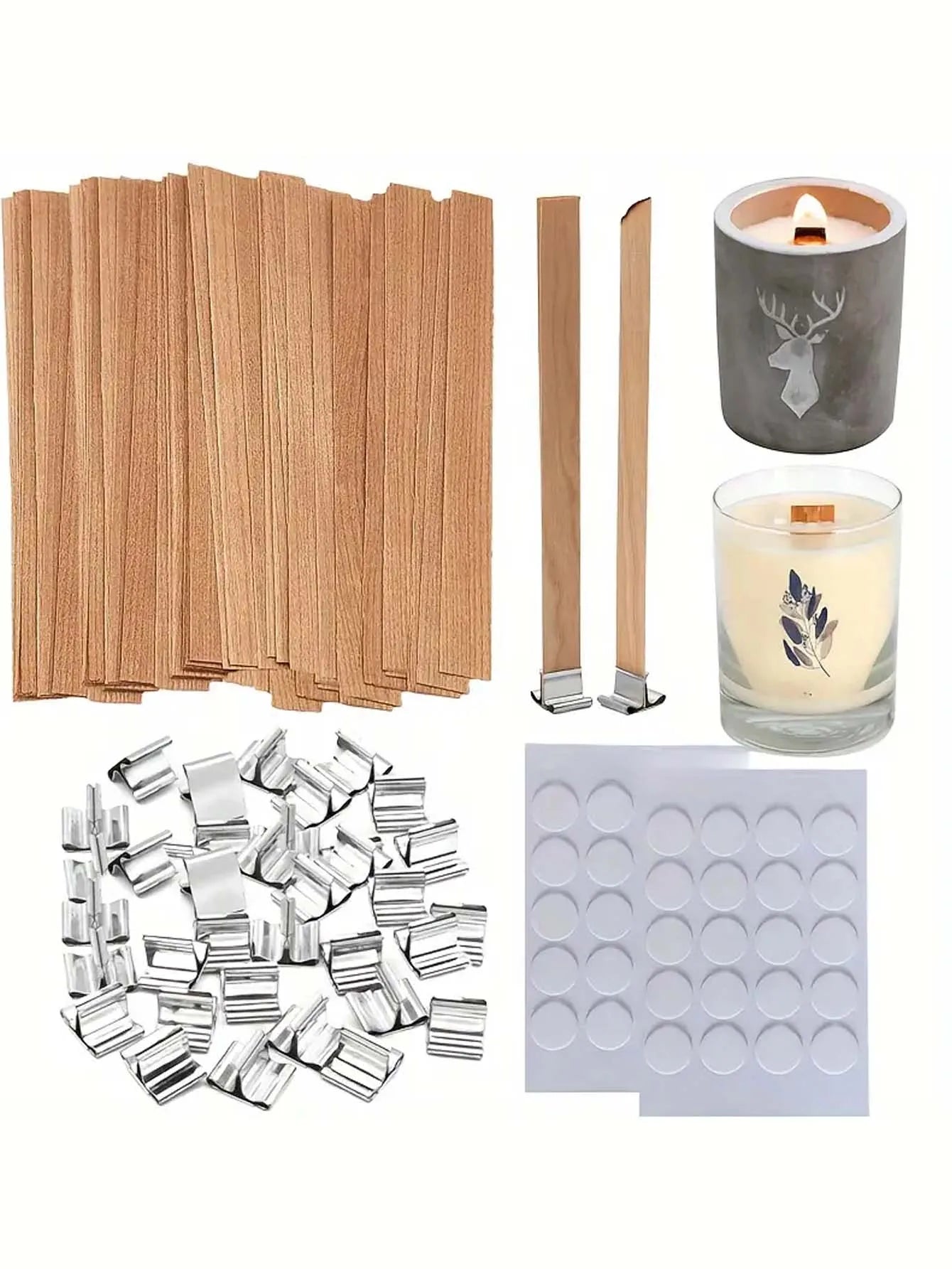Kit de fabrication de bougies DIY, ensemble de 60 pièces avec mèches en bois naturel, supports métalliques et points de colle pour l'artisanat