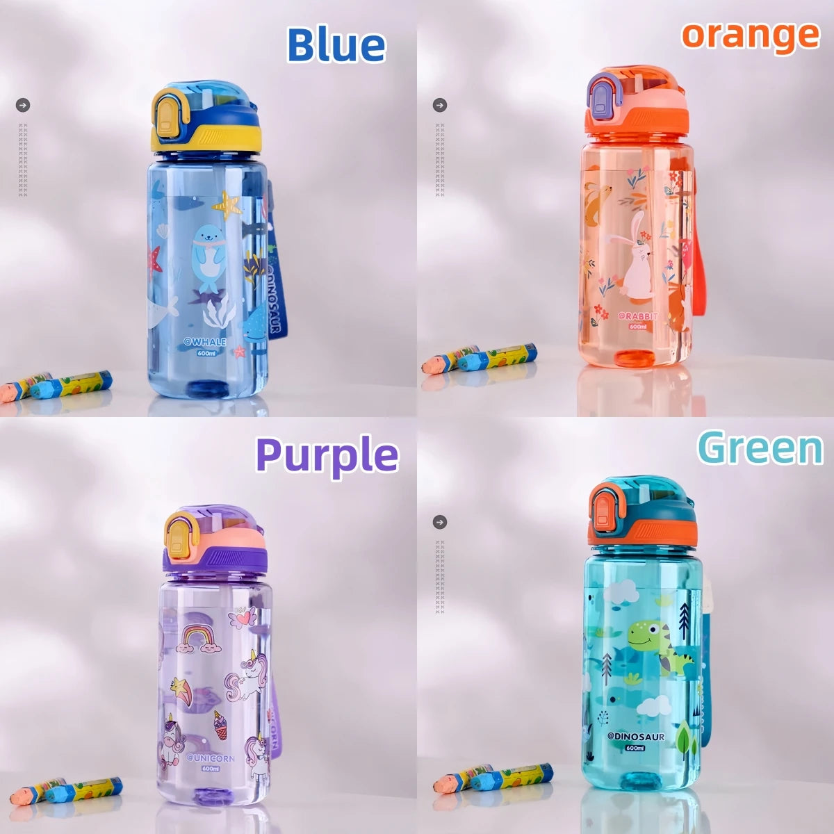 Bouteille d'eau dinosaure de 600ml pour enfants, tasse à bec avec paille en Silicone, bouteilles d'eau en plastique étanches, tasse d'eau d'été pour enfants