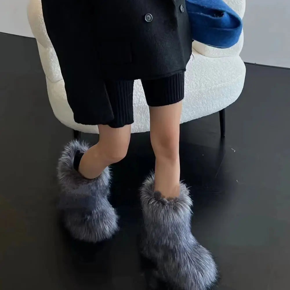 Bottes de neige d'hiver pour femmes en plein air de luxe fourrure fausse fourrure de renard bottes femme en peluche chaud plate-forme chaussures nouvelle mode Bottes grande taille 46