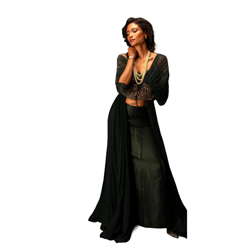 Luxury Emerald Green Drape Jacket 3 Piece Set Women Designer Ethnic Wear Co Ord Outfit