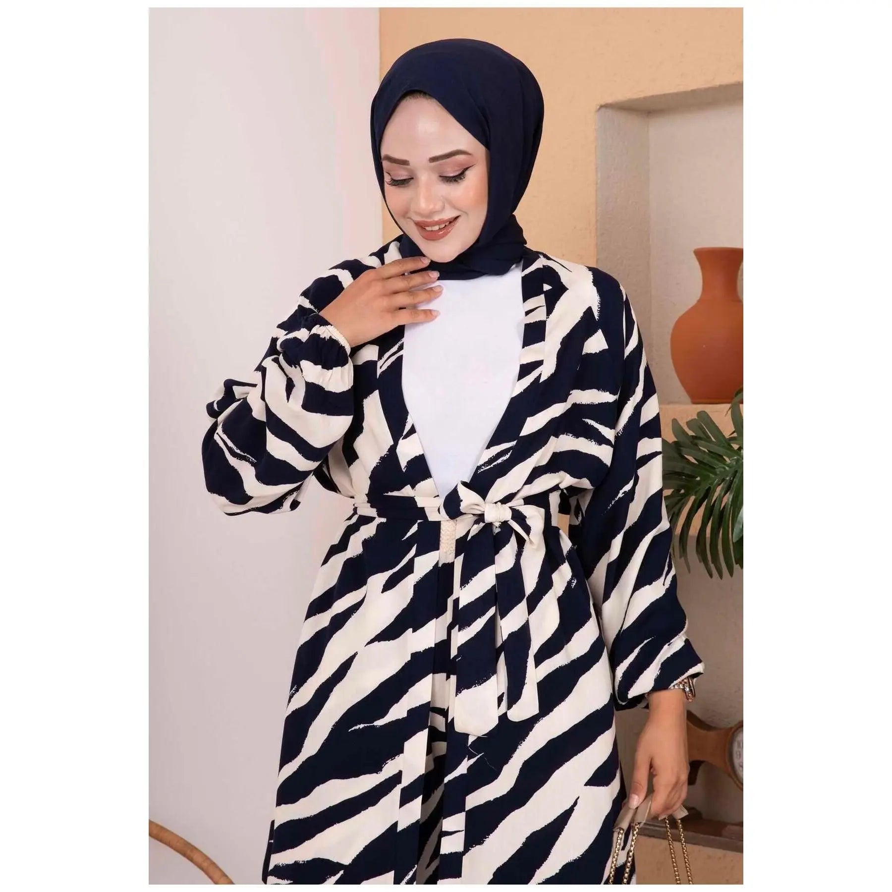 Navy Blue Zebra Pattern Viscose 2-Piece Shorts Set Asymmetrical Collar above Knee Length XL & 2XL Sizes for Club Outfits