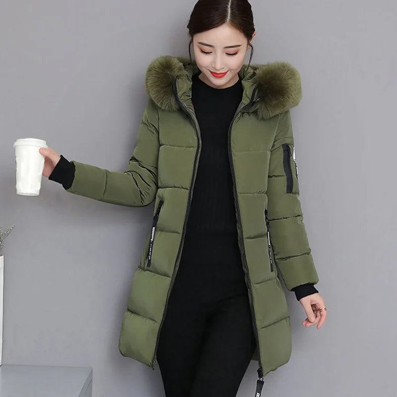 Parka à capuche avec col en fourrure pour femme, chaude, à la mode, confortable, poches zippées, longue veste élégante, Slim et épaisse, manteaux féminins, hiver