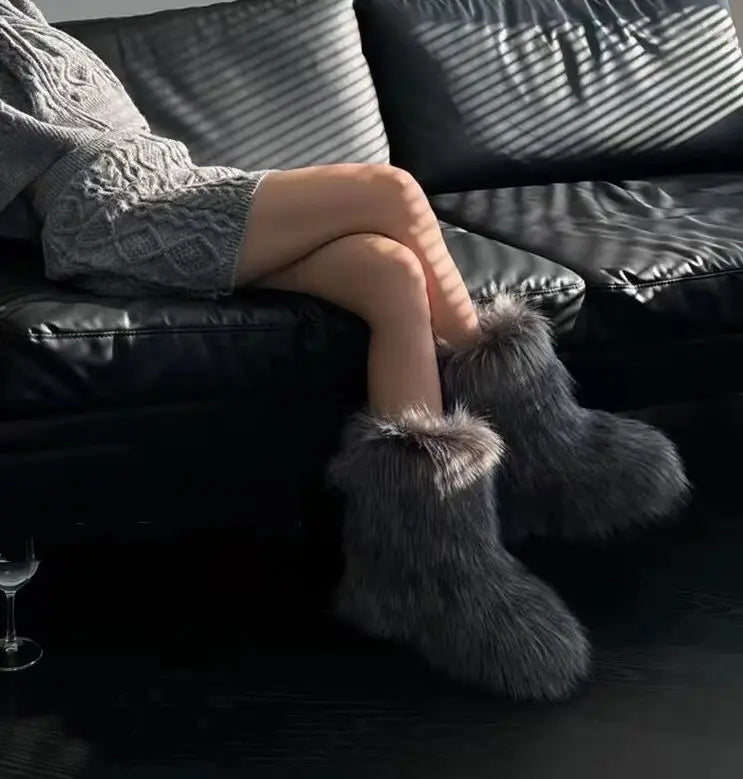 Bottes de neige d'hiver pour femmes en plein air de luxe fourrure fausse fourrure de renard bottes femme en peluche chaud plate-forme chaussures nouvelle mode Bottes grande taille 46