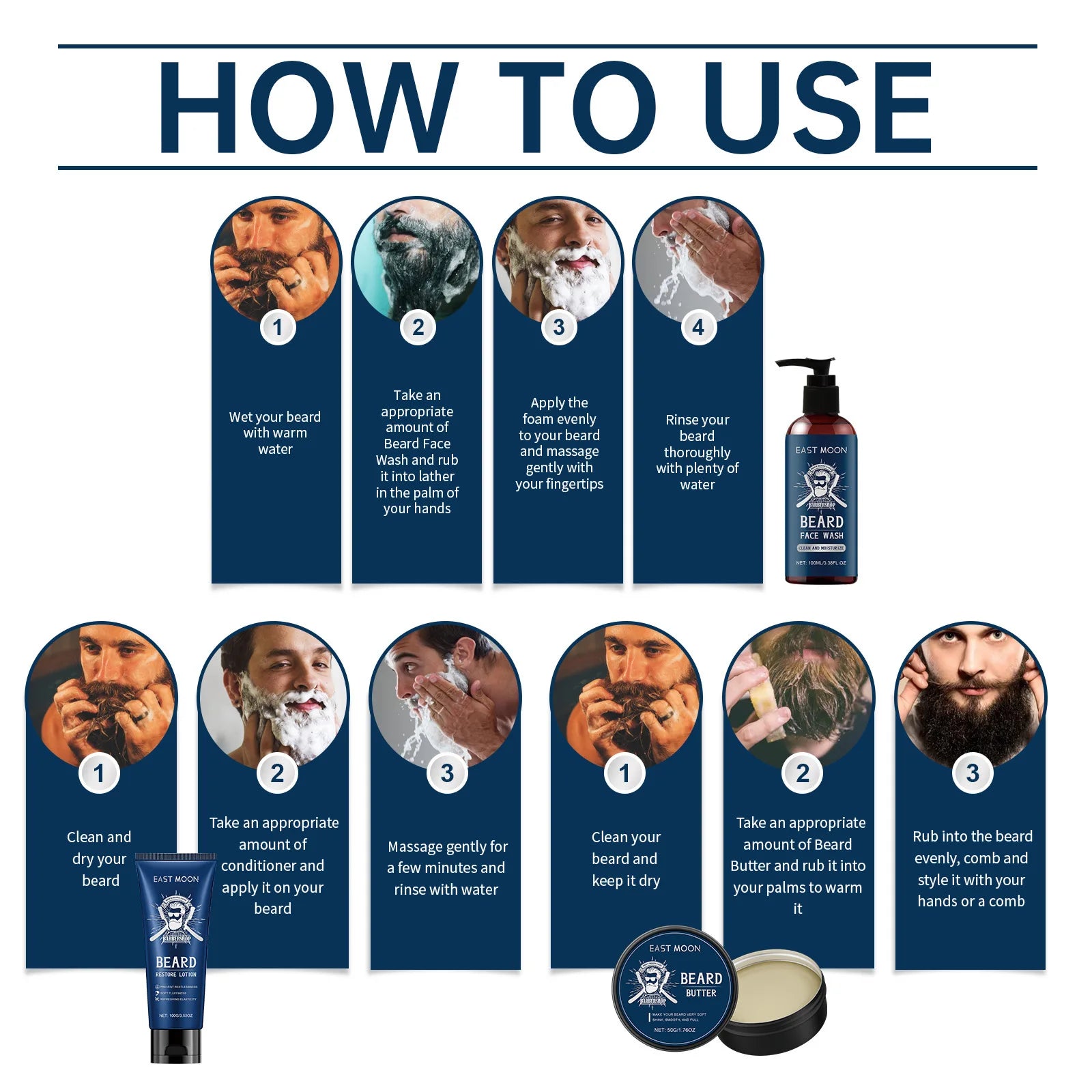 East Moon – Kit de soins pour barbe pour hommes, 1 ensemble, parfum en bois de santal, croissance de moustache, nettoyage hydratant, améliore le style de barbe moelleuse