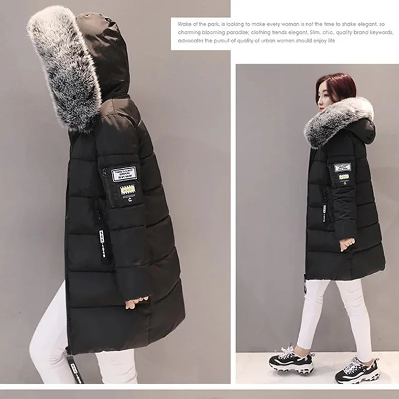 Parka à capuche avec col en fourrure pour femme, chaude, à la mode, confortable, poches zippées, longue veste élégante, Slim et épaisse, manteaux féminins, hiver