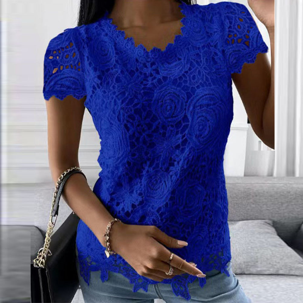 Femmes dentelle col rond hauts T-Shirts dames été décontracté à manches courtes Blouse pull mode vêtements pour