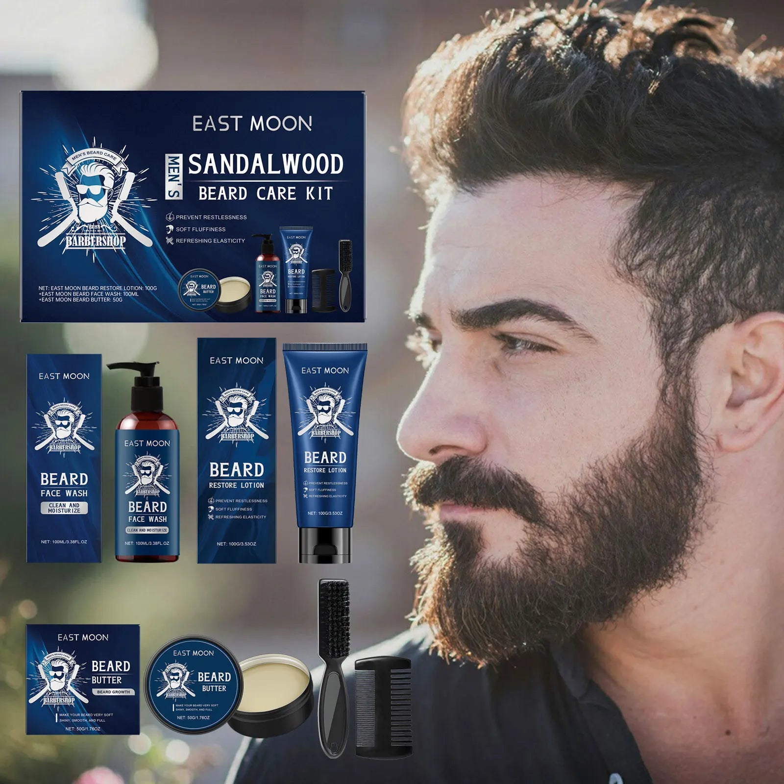 East Moon 1 ensemble hommes bois de santal ensemble de soins de barbe nourrir barbe hydratante barbe propre épaissir barbe style Kit de soins de barbe pour hommes