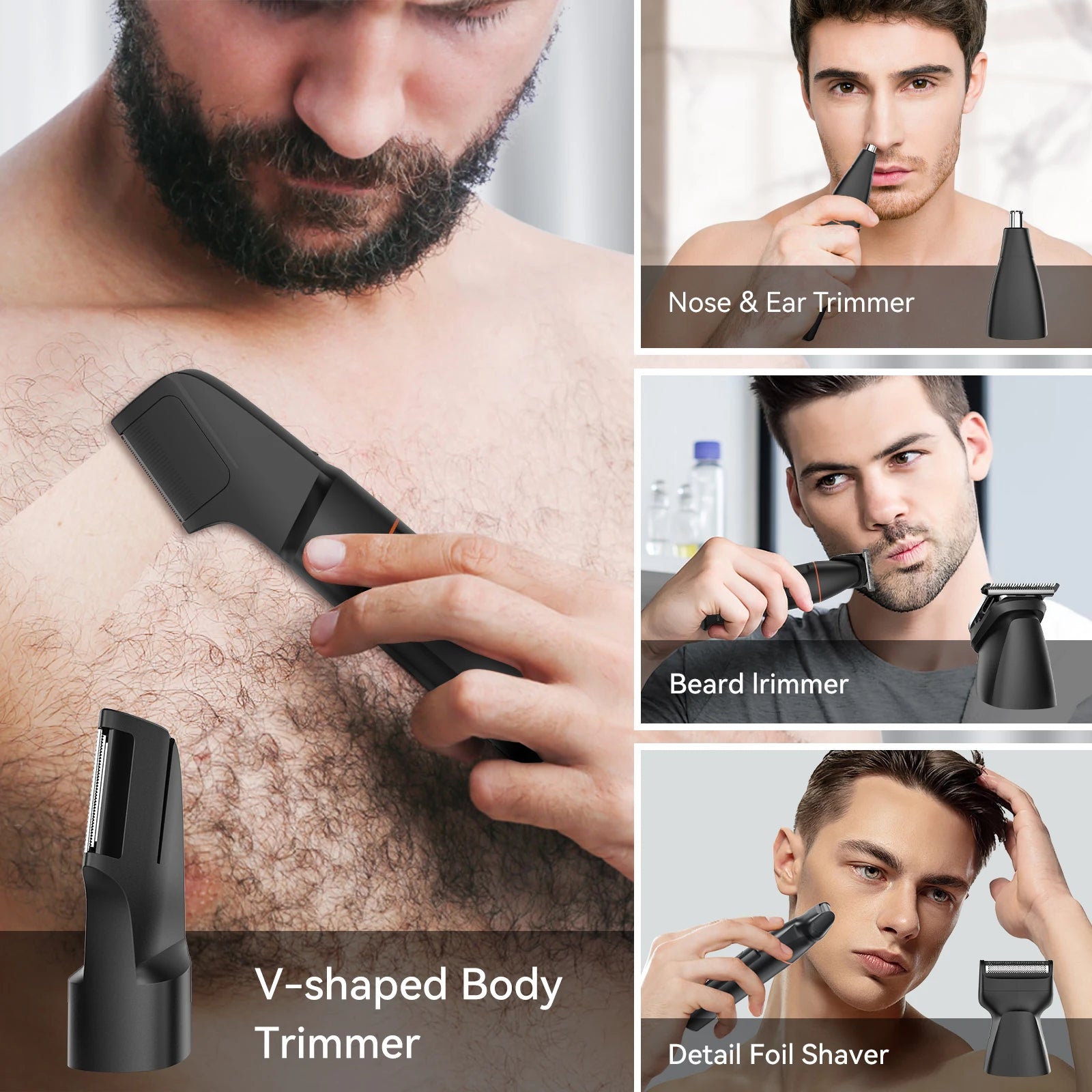 Prevention Words - Men's Body Hair Trimmer Kit, Pubic Hair Shaver, Antarctic Beard Trimmer, Electric Groin Shaver, IPX6 Waterproof, OM, 4 in 1