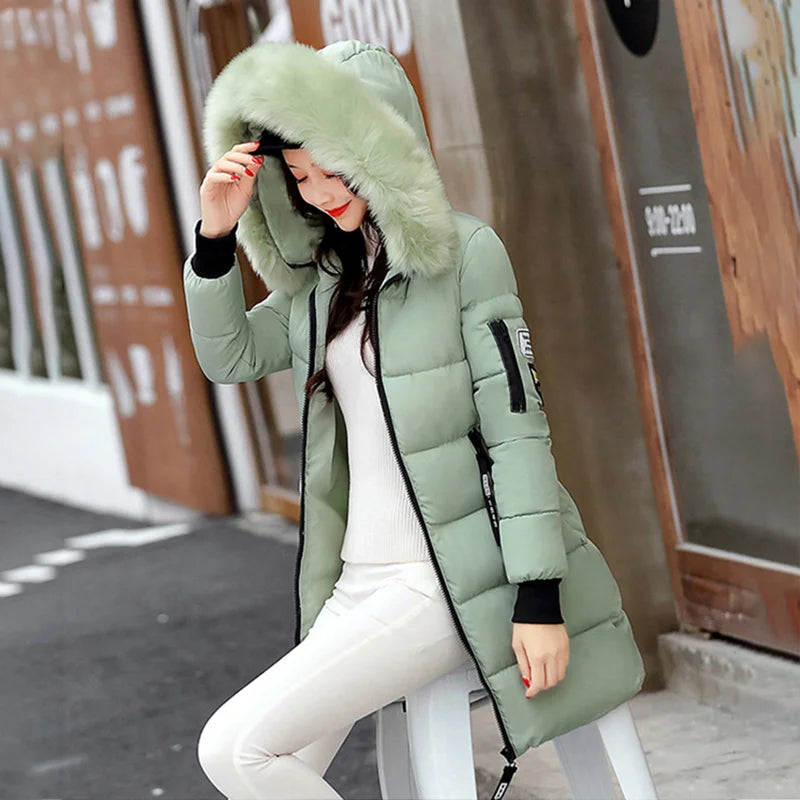Parka à capuche avec col en fourrure pour femme, chaude, à la mode, confortable, poches zippées, longue veste élégante, Slim et épaisse, manteaux féminins, hiver