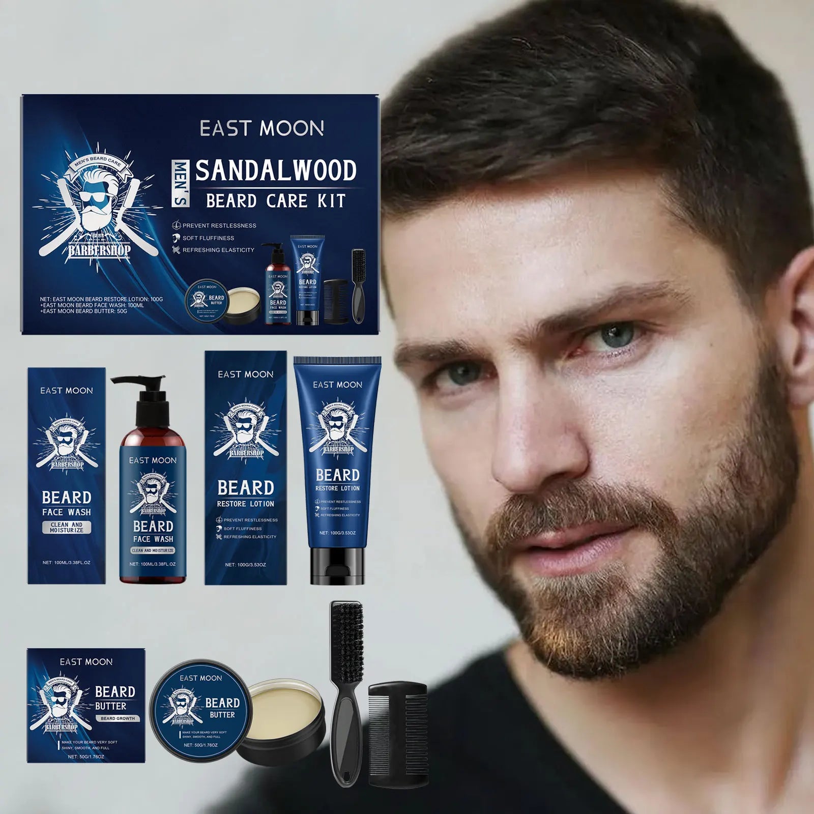 East Moon 1 ensemble hommes bois de santal ensemble de soins de barbe nourrir barbe hydratante barbe propre épaissir barbe style Kit de soins de barbe pour hommes