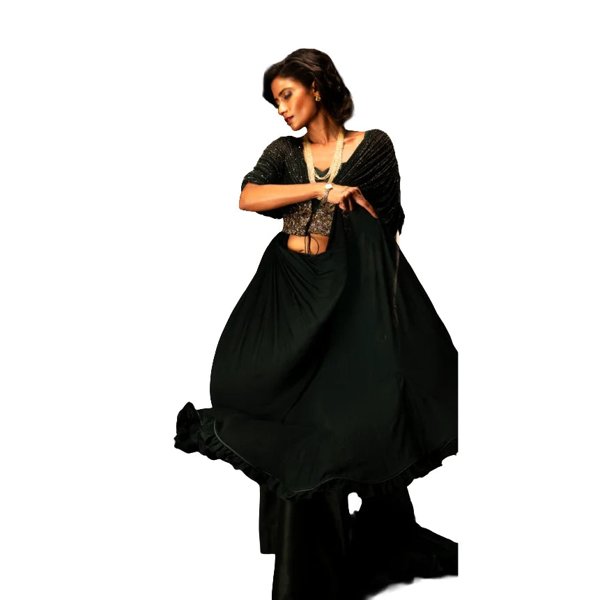 Luxury Emerald Green Drape Jacket 3 Piece Set Women Designer Ethnic Wear Co Ord Outfit