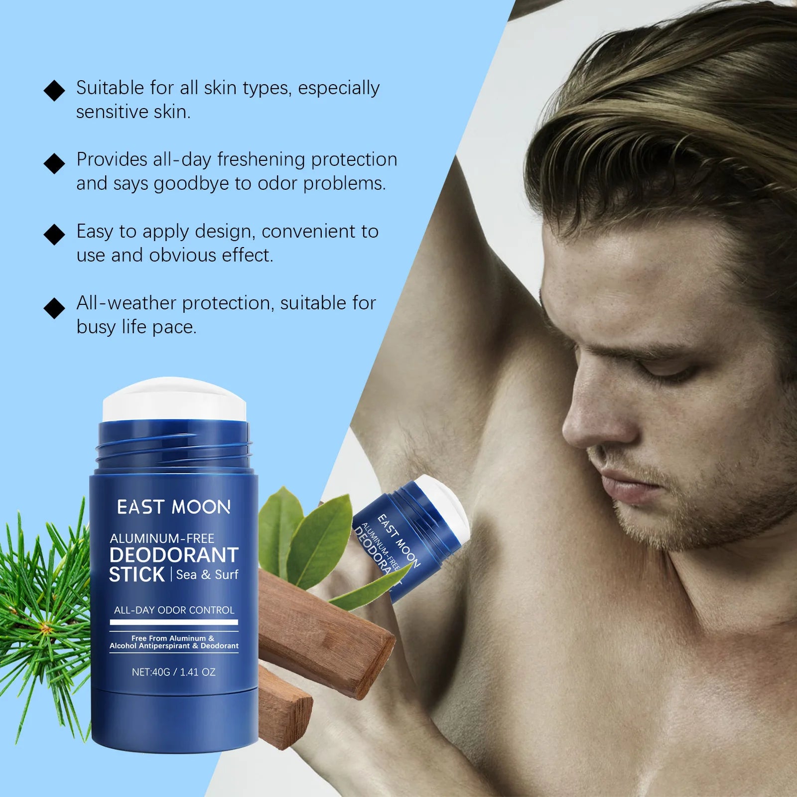 East Moon – bâton déodorant en bois de santal pour hommes, Anti-transpiration, garde le séchage, parfum durable, élimine les odeurs des aisselles, bâtons rafraîchissants