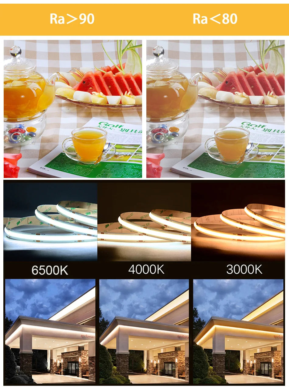 UL 320 Listed COB LED Strip Light, 480 LEDs/m, 16.4 feet of high-density flexible tape, 3000-6500K, RA90, Dimmable LED Lights, DC12V 24V