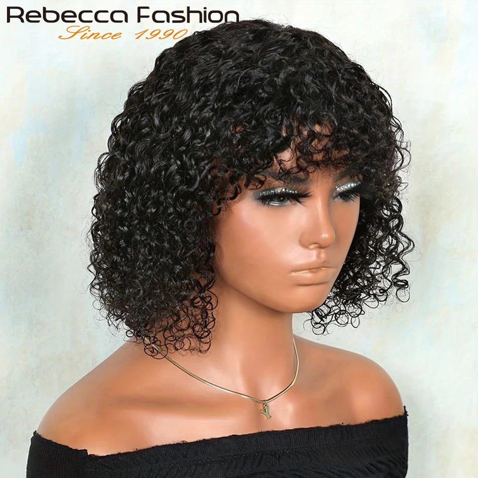 Perruques de cheveux humains Pixie Cut Bob avec frange pour femme, perruque pleine machine bouclée, surbrillance, couleur blond miel, court, caution