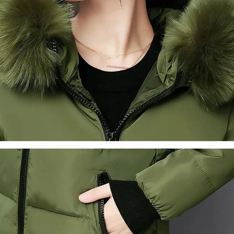 Parka à capuche avec col en fourrure pour femme, chaude, à la mode, confortable, poches zippées, longue veste élégante, Slim et épaisse, manteaux féminins, hiver