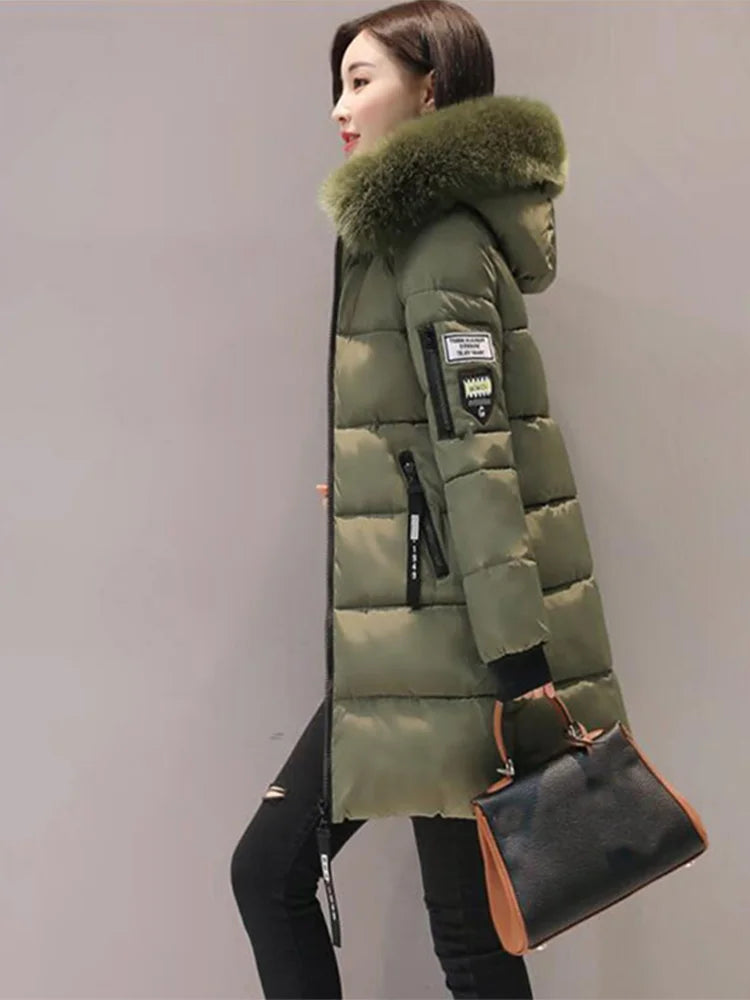 Parka à capuche avec col en fourrure pour femme, chaude, à la mode, confortable, poches zippées, longue veste élégante, Slim et épaisse, manteaux féminins, hiver