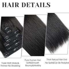 Pince à cheveux humains droite dans les Extensions de cheveux 100% non transformés pleine tête cheveux vierges brésiliens couleur noire naturelle 8 pièces avec 120G