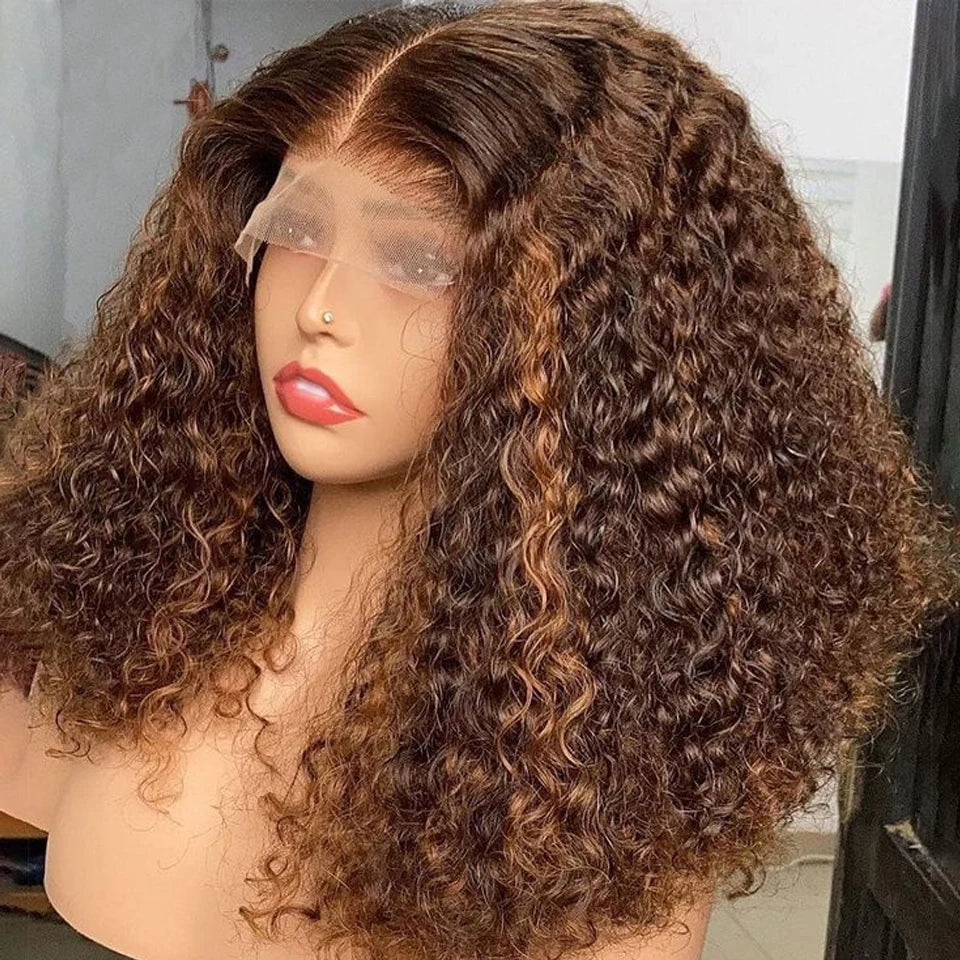 Short curly bob wig with 4/27 honey blonde highlights, 100% human hair, 13x4 lace front, deep wave, for women, virgin human hair