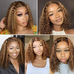 Short curly bob wig with 4/27 honey blonde highlights, 100% human hair, 13x4 lace front, deep wave, for women, virgin human hair