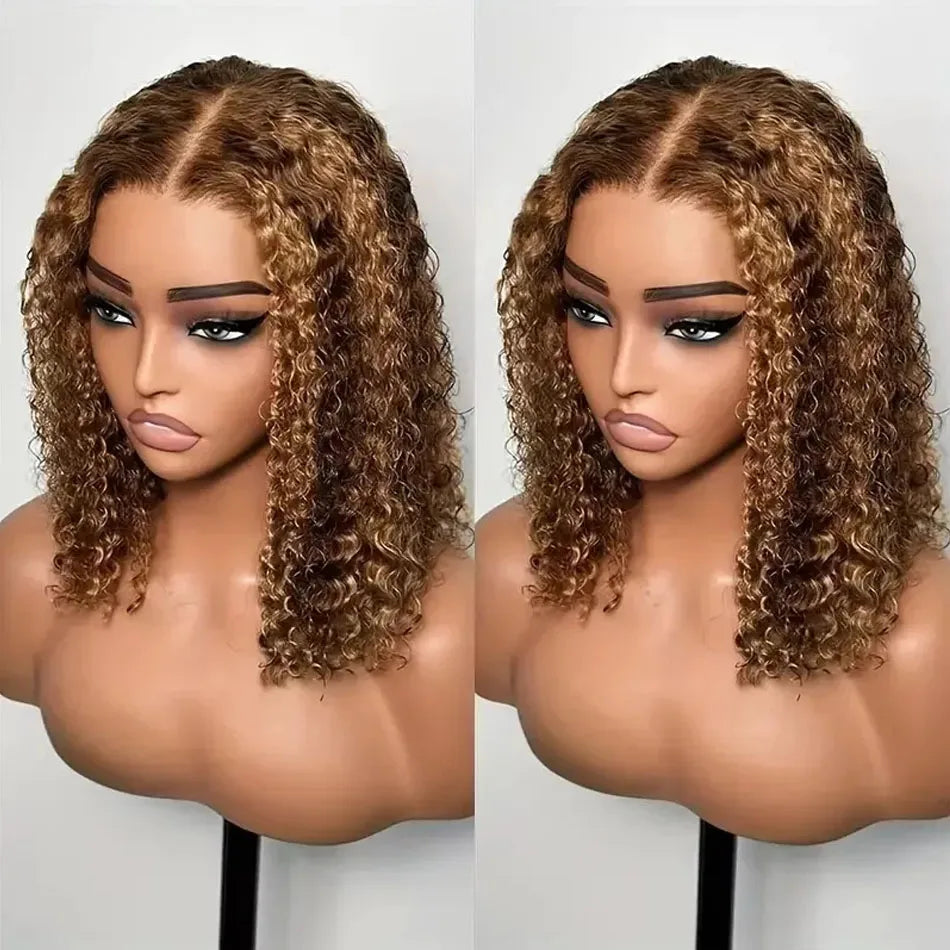 Short curly bob wig with 4/27 honey blonde highlights, 100% human hair, 13x4 lace front, deep wave, for women, virgin human hair