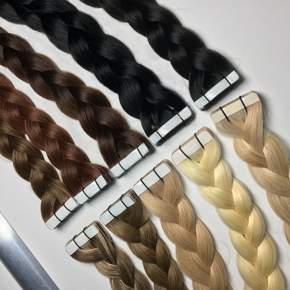 Bande dans les Extensions de cheveux humains droits Extensions adhésives de cheveux brésiliens trame de peau noir brun 100% vrais cheveux humains pour les femmes