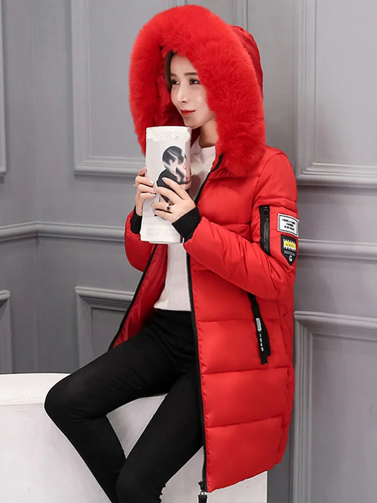 Parka à capuche avec col en fourrure pour femme, chaude, à la mode, confortable, poches zippées, longue veste élégante, Slim et épaisse, manteaux féminins, hiver