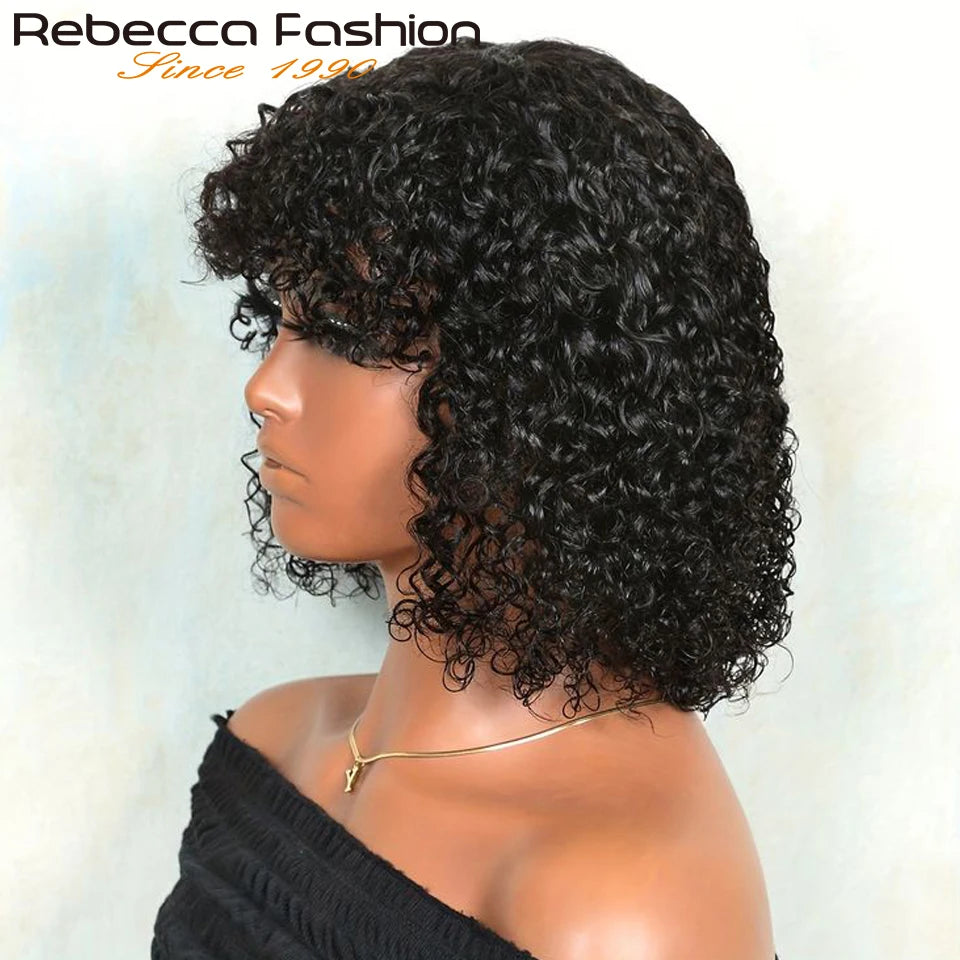 Perruques de cheveux humains Pixie Cut Bob avec frange pour femme, perruque pleine machine bouclée, surbrillance, couleur blond miel, court, caution