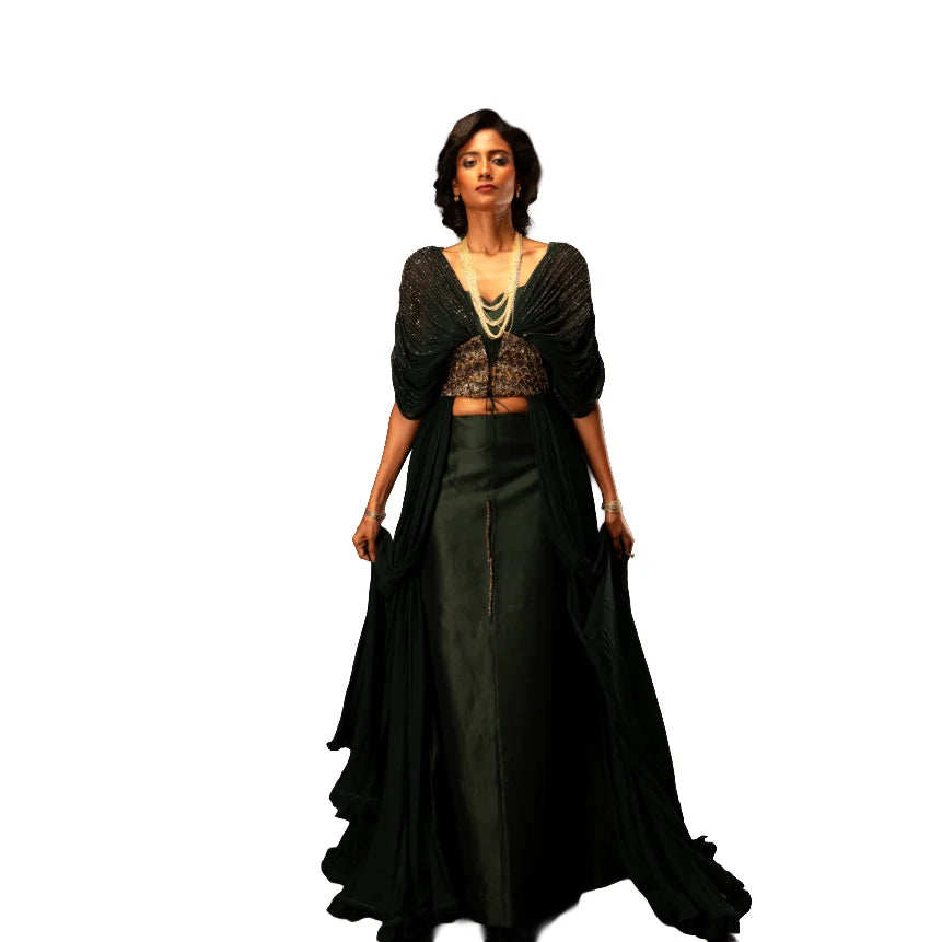 Luxury Emerald Green Drape Jacket 3 Piece Set Women Designer Ethnic Wear Co Ord Outfit