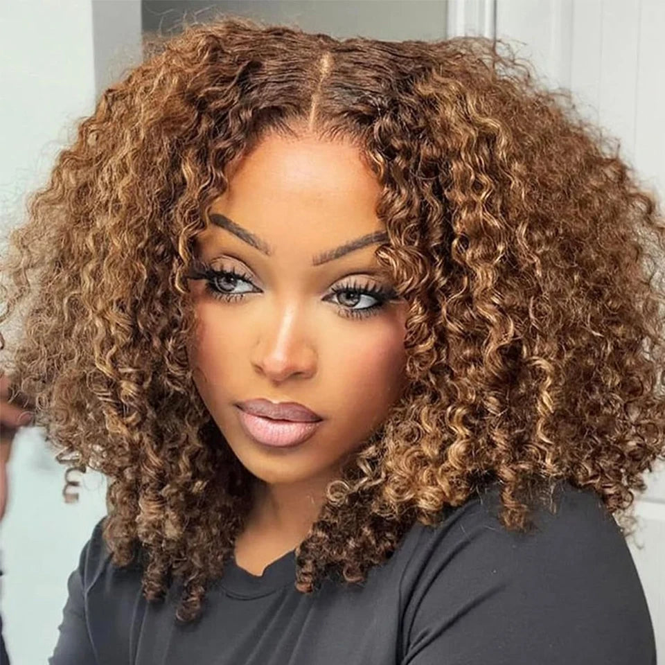 Short curly bob wig with 4/27 honey blonde highlights, 100% human hair, 13x4 lace front, deep wave, for women, virgin human hair