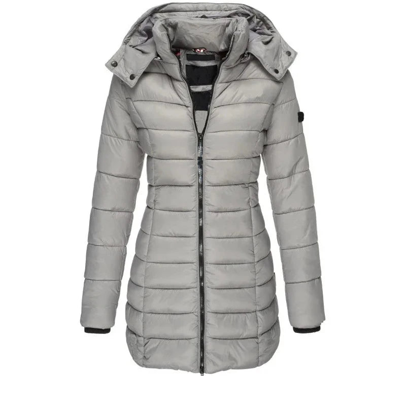 Parka épaisse et chaude pour femme, couleur unie, manteaux avec fermeture éclair, manches longues, veste bouffante rembourrée, mi-longue, Slim, sweat à capuche, hiver