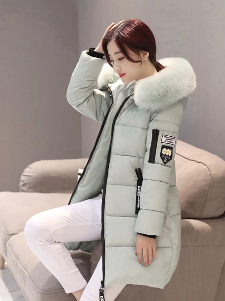 Parka à capuche avec col en fourrure pour femme, chaude, à la mode, confortable, poches zippées, longue veste élégante, Slim et épaisse, manteaux féminins, hiver