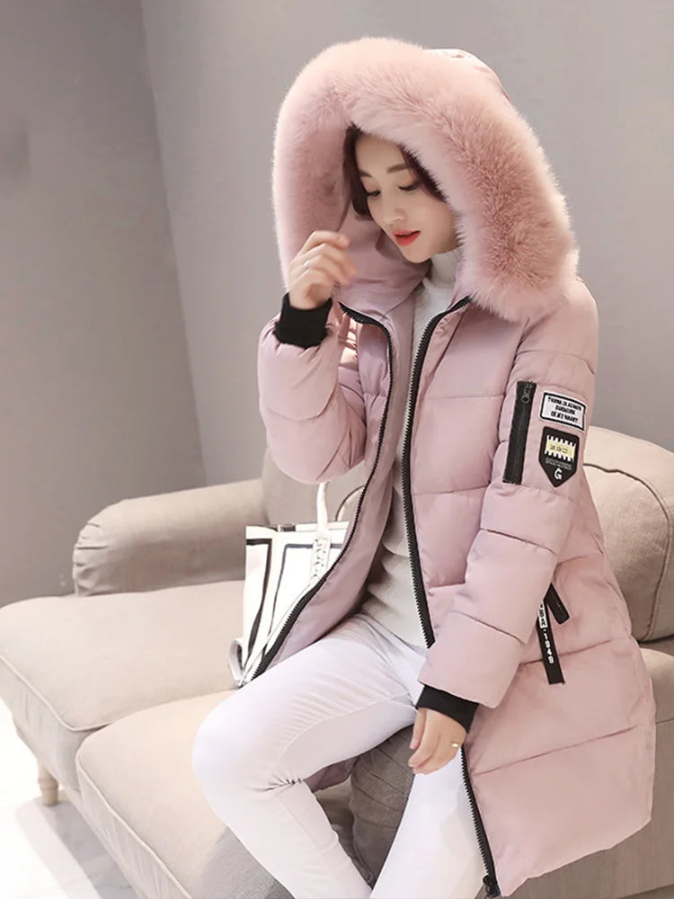Parka à capuche avec col en fourrure pour femme, chaude, à la mode, confortable, poches zippées, longue veste élégante, Slim et épaisse, manteaux féminins, hiver