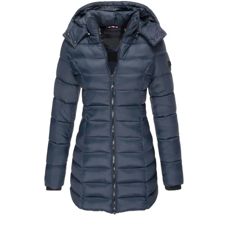 Parka épaisse et chaude pour femme, couleur unie, manteaux avec fermeture éclair, manches longues, veste bouffante rembourrée, mi-longue, Slim, sweat à capuche, hiver