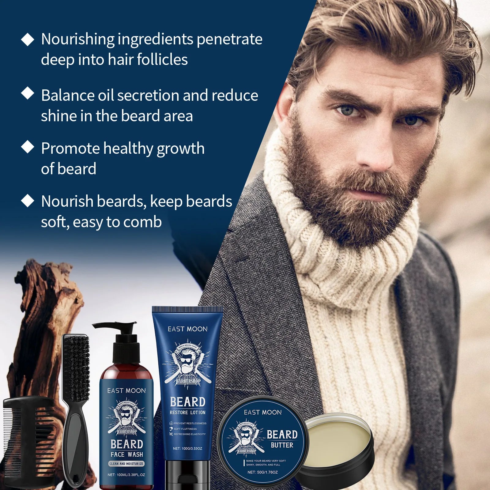East Moon 1 ensemble hommes bois de santal ensemble de soins de barbe nourrir barbe hydratante barbe propre épaissir barbe style Kit de soins de barbe pour hommes