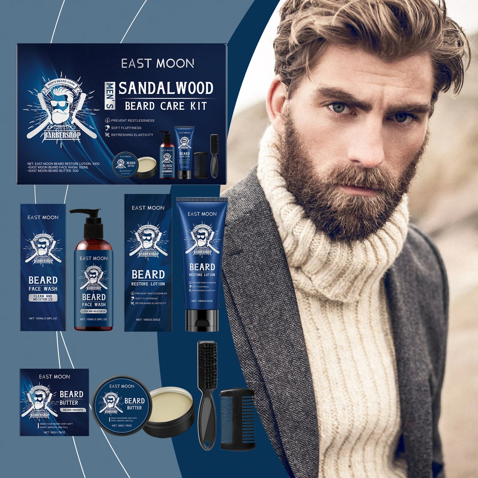 East Moon – Kit de soins pour barbe pour hommes, 1 ensemble, parfum en bois de santal, croissance de moustache, nettoyage hydratant, améliore le style de barbe moelleuse
