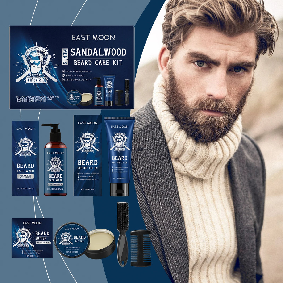 East Moon – Kit de soins pour barbe pour hommes, 1 ensemble, parfum en bois de santal, croissance de moustache, nettoyage hydratant, améliore le style de barbe moelleuse
