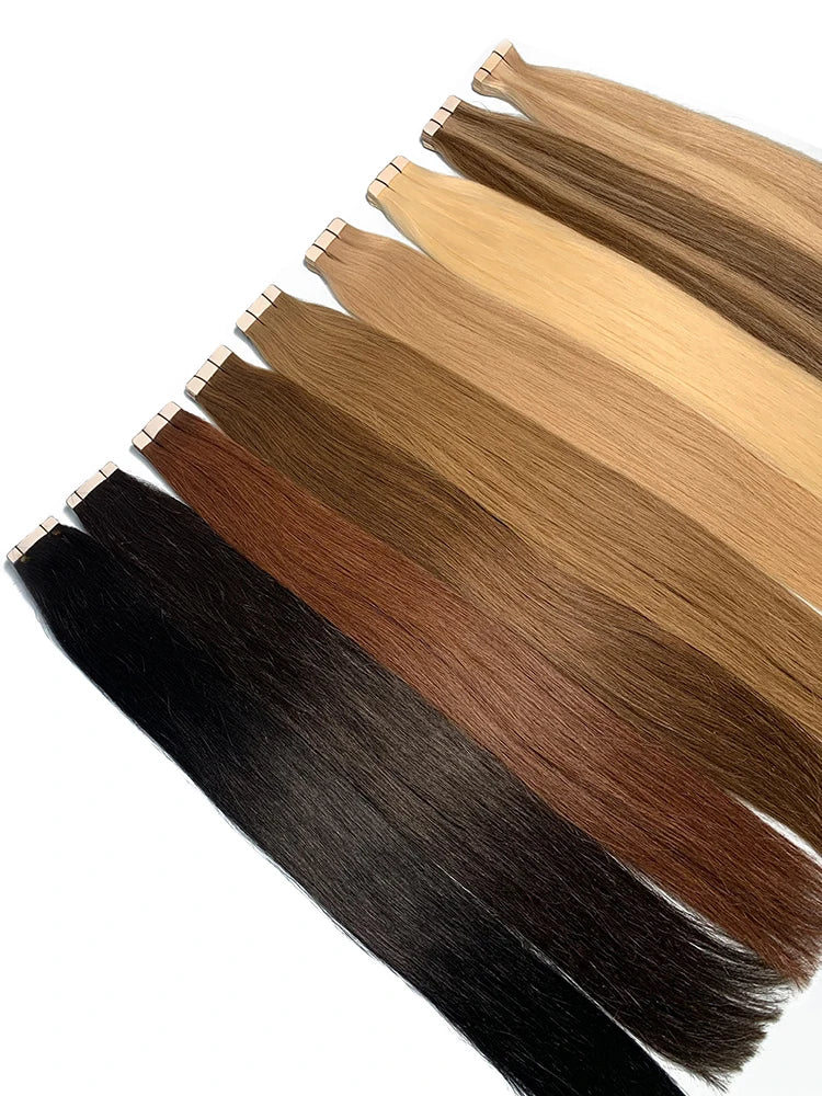 Bande dans les Extensions de cheveux humains droits Extensions adhésives de cheveux brésiliens trame de peau noir brun 100% vrais cheveux humains pour les femmes