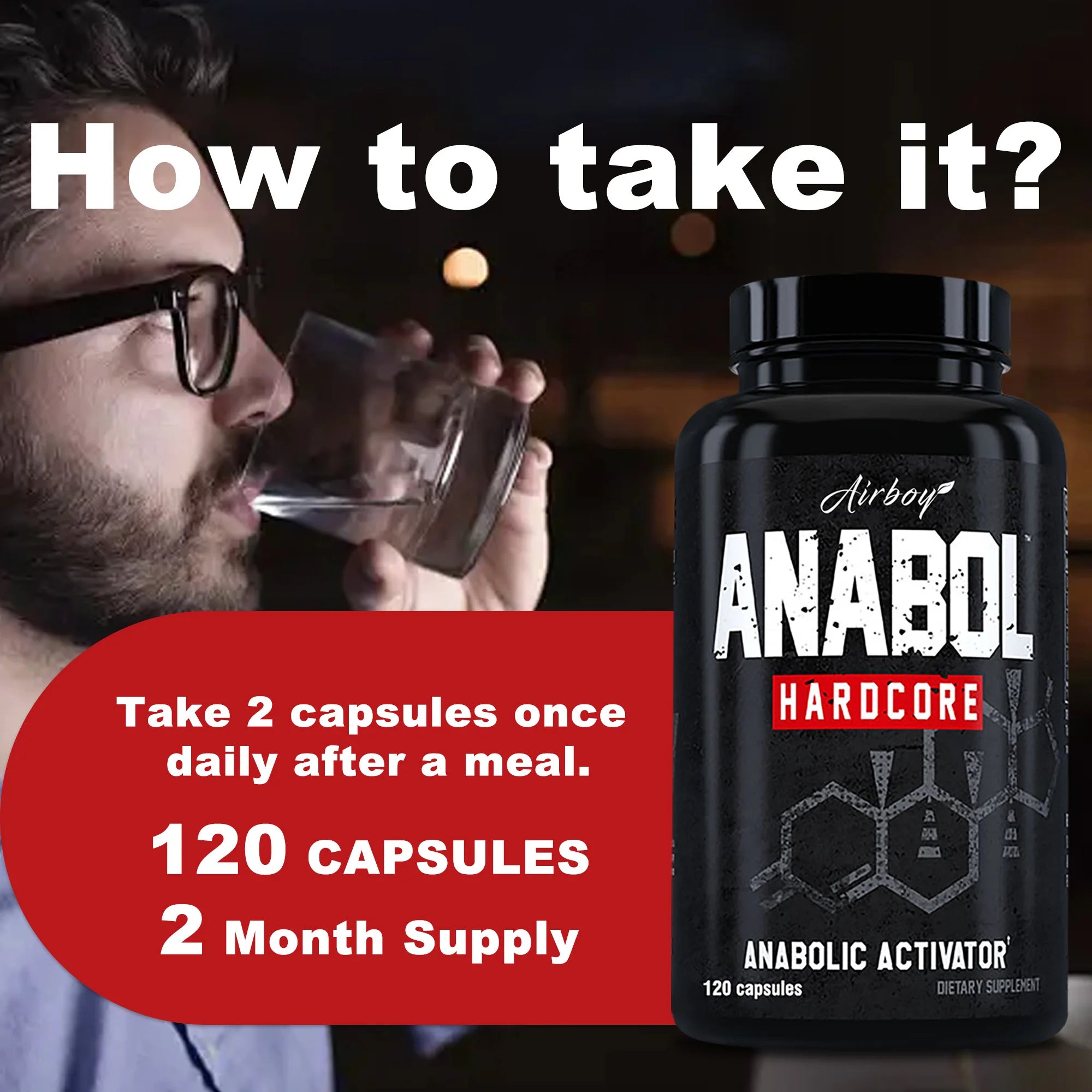 Supplément Anabol Hardcore - Aide à construire les muscles maigres, fermes et de haute qualité, favorise la croissance musculaire - 120 gélules