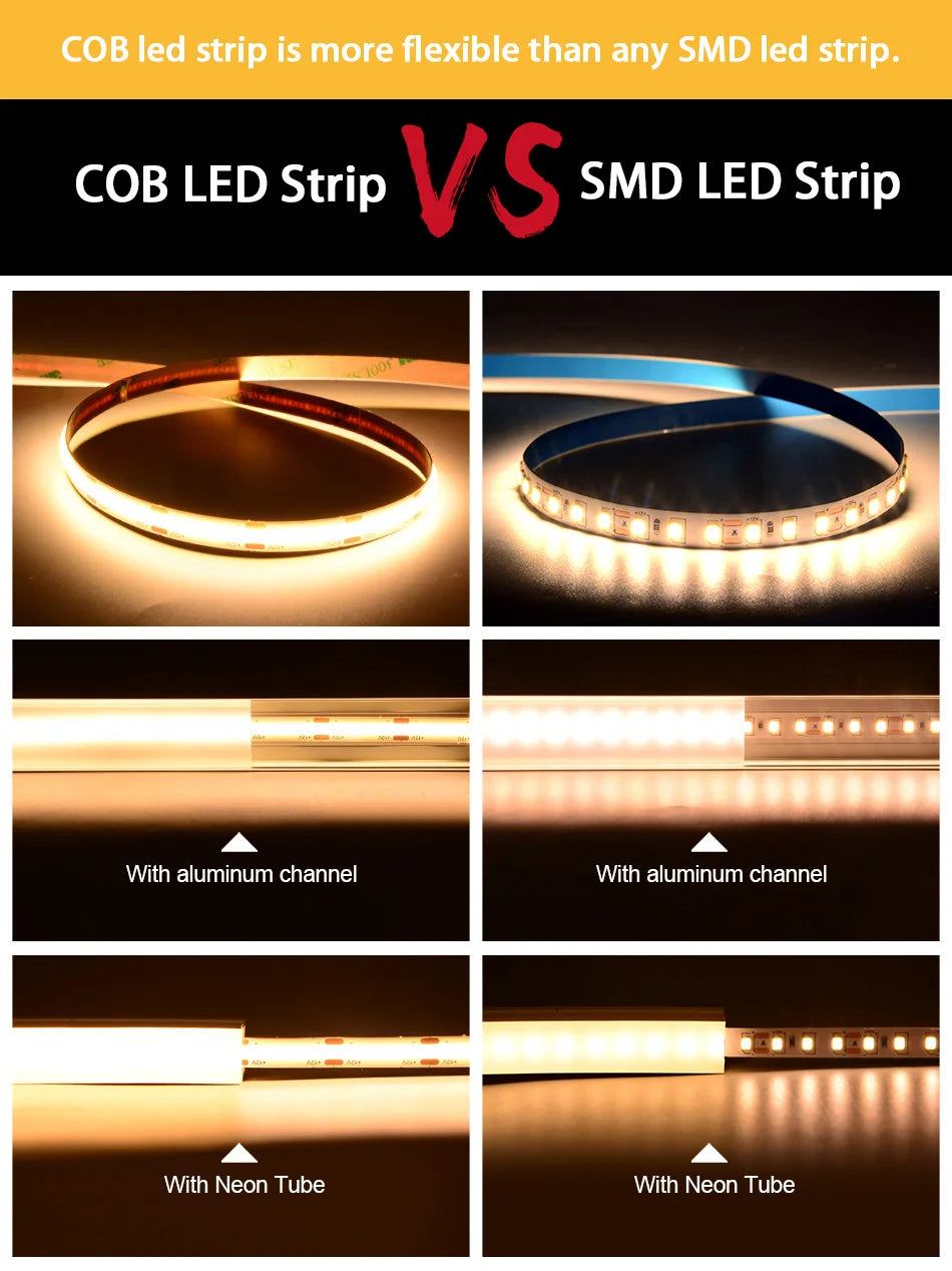UL 320 Listed COB LED Strip Light, 480 LEDs/m, 16.4 feet of high-density flexible tape, 3000-6500K, RA90, Dimmable LED Lights, DC12V 24V