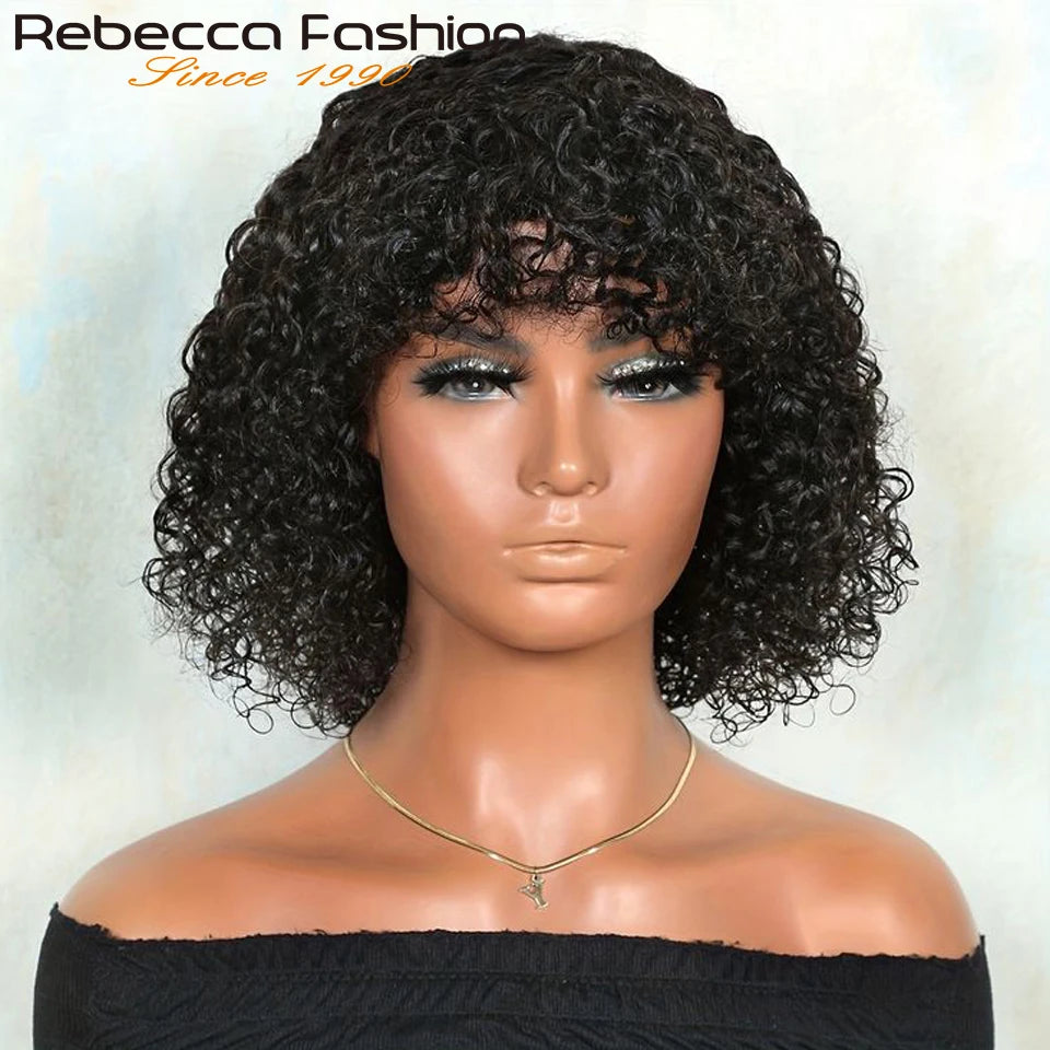 Perruques de cheveux humains Pixie Cut Bob avec frange pour femme, perruque pleine machine bouclée, surbrillance, couleur blond miel, court, caution